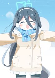 1girl :d ^_^ absurdly_long_hair absurdres aqua_halo aris_(blue_archive) aris_(winter)_(blue_archive) black_hair black_pantyhose blue_archive blue_scarf blue_sky blush brown_coat buttons closed_eyes coat commentary double-parted_bangs earmuffs facing_viewer hair_between_eyes hairband halo happy highres long_hair long_hair_between_eyes long_sleeves loosely_tucked_bangs official_alternate_costume open_mouth outdoors outstretched_arms pantyhose plaid_clothes plaid_scarf pleated_skirt pocket rectangular_halo scarf sidelocks skirt sky smile snow snowing snowman solo spread_arms straight-on suisou0801 teeth upper_teeth_only very_long_hair white_hairband white_skirt winter winter_clothes