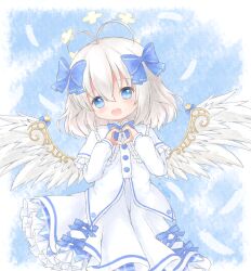 1girl angel_feather_alma antenna_hair blue_eyes blue_ribbon capelet dress emil_chronicle_online frilled_capelet frilled_dress frills hair_ribbon heart heart_hands open_mouth ribbon smile white_capelet white_dress white_hair white_wings wings youjou120