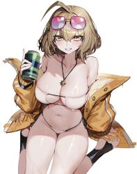 1girl ahoge anis_(nikke) anis_(sparkling_summer)_(nikke) bikini breasts brown_hair can cleavage collarbone commentary_request drink_can eyepatch_bikini eyewear_on_head goddess_of_victory:_nikke highres holding holding_can jacket jewelry korean_commentary large_breasts looking_at_viewer navel necklace ness_(pjw0168) official_alternate_costume short_hair sitting smile solo star_(symbol) star_necklace stomach sunglasses swimsuit teeth wariza wet white_bikini yellow_eyes yellow_jacket
