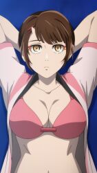 1girl androssi_zahard arms_behind_head bikini bikini_top_only breasts brown_eyes brown_hair cleavage endorsi_jahad highres large_breasts navel open_clothes open_shirt pink_bikini short_hair smile solo stitched swimsuit third-party_edit tower_of_god