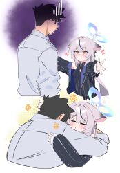 1boy 1girl animal_ears black_dress black_hair black_jacket blue_archive blue_halo blush breasts closed_eyes closed_mouth commentary diamond_cutout dress english_commentary gen_(unzzenasd) grey_hair halo heart highres hug hug_invitation jacket kokona_(blue_archive) long_hair long_sleeves multicolored_hair orange_eyes outstretched_arms sensei_(blue_archive) shirt simple_background small_breasts smile streaked_hair striped_clothes striped_dress striped_jacket vertical-striped_clothes vertical-striped_dress white_shirt