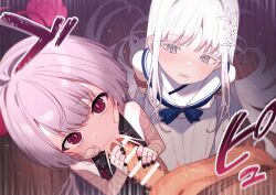 1boy 2girls bandaged_arm bandages bar_censor black_nails blue_archive censored commentary_request cum cum_in_mouth cum_overflow fellatio gauze gauze_on_cheek grey_eyes grey_hair halo hetero highres loli long_hair looking_at_viewer multiple_girls nagusa_(blue_archive) nail_polish open_mouth oral paid_reward_available parted_lips penis penis_grab pov pov_crotch purple_eyes purple_halo robo_mikan shuro_(blue_archive) sound_effects thick_eyelashes variant_set white_hair