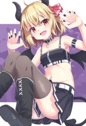 1girl :d ass bare_shoulders black_boots black_nails black_skirt black_wings blonde_hair boots breasts brown_thighhighs claw_pose commentary_request demon_girl demon_horns demon_tail demon_wings fang groin hair_between_eyes hands_up highres horns looking_at_viewer nail_polish navel open_mouth panties pleated_skirt red_eyes rumia skirt small_breasts smile solo tail thighhighs thighhighs_under_boots touhou underwear uumaru white_panties wings