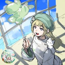 :d animal balloon_animal blonde_hair blue_eyes blue_sky cat character_request chibi cloud day green_hat hat holding leafwow long_hair long_sleeves looking_at_viewer maplestory open_mouth reference_inset shirt sketch sky smile very_long_hair white_cat white_shirt wide_sleeves window