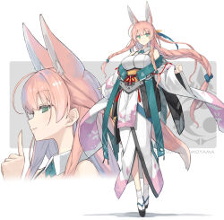 Rule 34 | 1girl, animal ear fluff, animal ears, braid, breasts, character name, close-up, detached collar, detached sleeves, extra ears, finger to mouth, fox ears, fox girl, fox tail, full body, green eyes, highres, japanese clothes, large breasts, long hair, long legs, looking at viewer, low-tied long hair, momoyama tsutsune, multiple views, okobo, original, pink hair, platform sandals, poco (asahi age), sandals, smile, socks, solo, standing, tabi, tail, very long hair, white background, white socks, wide sleeves