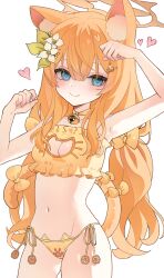 1girl absurdres animal_ear_fluff animal_ears bell blue_archive blue_eyes blush bow bra breasts cat_cutout cat_ear_panties cat_ears cat_girl cat_lingerie cat_tail cleavage_cutout closed_mouth clothing_cutout collarbone commentary cowboy_shot fingernails flower frilled_bra frills hair_flower hair_ornament halo hands_up heart highres jingle_bell loli long_hair looking_at_viewer mari_(blue_archive) meme_attire navel neck_bell nyangpan orange_bow orange_bra orange_hair orange_halo orange_hanfu orange_panties orange_tail panties side-tie_panties simple_background small_breasts smile solo star_(symbol) star_in_eye symbol_in_eye tail tail_bow tail_ornament underwear very_long_hair white_background white_flower