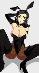 1girl amano_maya armpits ass atlus black_hair boots breasts choker cleavage earrings fishnet_legwear fishnets gloves groin_tendon high_heel_boots high_heels highres jewelry kythuulu large_breasts medium_hair persona persona_2 playboy_bunny purple_eyes rabbit_ears skin_tight