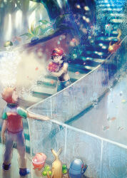 2boys ash_ketchum black_jacket brock_(pokemon) brown_hair budew bulbasaur chikorita croagunk gen_1_pokemon gen_2_pokemon gen_3_pokemon gen_4_pokemon gloom_(pokemon) grey_pants hand_on_railing happiny hat jacket jumpluff kojijima legendary_pokemon multiple_boys mythical_pokemon nintendo oddish open_mouth outdoors pants pikachu pokemon pokemon_(anime) pokemon_(creature) ralts red_hat shaymin shaymin_(sky) short_hair short_sleeves skiploom stairs sudowoodo tree walking
