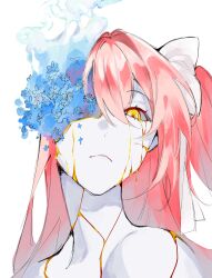 1girl @_@ bo4turtle bow broken closed_mouth flower from_above hair_bow highres hollow_body kaname_madoka long_hair looking_at_viewer looking_down mahou_shoujo_madoka_magica pink_flower pink_hair portrait side_ponytail simple_background solo ultimate_madoka white_background white_bow yellow_eyes