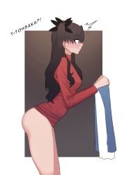 1girl ^^^ ass black_ribbon blue_eyes blue_shirt blush bottomless breasts brown_background brown_hair closed_mouth commentary cowboy_shot embarrassed english_commentary english_text fate/stay_night fate_(series) from_side gradient_background hair_over_shoulder hair_ribbon hands_up highres holding holding_unworn_clothes long_hair long_sleeves medium_breasts nervous nervous_sweating red_sweater ribbon shirt solo suhyeon surprised sweat sweater talking thighs tohsaka_rin turtleneck turtleneck_sweater two-tone_background two-tone_shirt two_side_up wavy_mouth white_background white_shirt