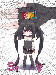 1girl amano_kouki bare_shoulders belt belt_buckle black_boots black_dress black_gloves black_hair black_thighhighs boots brown_belt buckle chibi closed_mouth colored_shadow commentary_request cross cross_necklace dress elbow_gloves emphasis_lines fingerless_gloves fur-trimmed_dress fur_trim gloves highres holding jewelry latin_cross long_hair multiple_views necklace note-chan original pleated_dress shadow simple_background standing strapless strapless_dress thighhighs thighhighs_under_boots twintails very_long_hair white_background