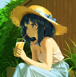 1girl bare_shoulders blue_eyes blue_hair blue_skirt breasts cleavage collarbone commentary_request cup drinking drinking_glass drinking_straw drinking_straw_in_mouth fence from_side glass hat highres holding holding_cup kingrun long_skirt make_heroine_ga_oo_sugiru! medium_hair outdoors shirt sitting skirt sleeveless sleeveless_shirt solo spaghetti_strap straw_hat white_shirt wooden_fence yanami_anna