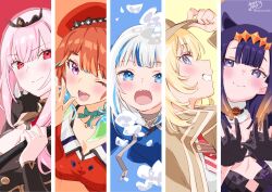 5girls air_bubble artist_name black_gloves black_tiara blonde_hair blue_eyes breasts bubble coat fur_collar gawr_gura gawr_gura_(1st_costume) gloves hat highres holding holding_scythe holding_weapon hololive hololive_english holomyth kamiya_maneki large_breasts light_smile mori_calliope mori_calliope_(1st_costume) multicolored_hair multiple_girls necktie ninomae_ina&#039;nis ninomae_ina&#039;nis_(1st_costume) one_eye_closed orange_hair pink_eyes pink_hair profile purple_eyes purple_hair red_eyes scythe sharp_teeth signature takanashi_kiara takanashi_kiara_(1st_costume) teeth three_quarter_profile tiara virtual_youtuber watson_amelia watson_amelia_(1st_costume) weapon white_hair