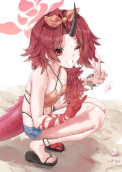 1girl absurdres bikini black_sandals blue_archive brown_bikini colored_skin denim denim_shorts double_w dragon_girl dragon_horns dragon_tail grin hair_over_shoulder hairband highres horns long_hair looking_at_viewer multicolored_skin navel official_alternate_costume one_eye_closed orange_hairband parted_bangs red_eyes red_hair red_skin renge_(blue_archive) renge_(swimsuit)_(blue_archive) sandals shorts single_horn smile solo squatting sunnysideup swimsuit tail w