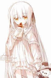 1girl black_hat brown_eyes brown_ribbon bunny_girl_(yuuhagi_(amaretto-no-natsu)) commentary_request dress ears_through_headwear english_text food food_request frilled_dress frills hair_between_eyes hair_ribbon hat holding holding_food holding_stuffed_toy long_hair long_sleeves looking_at_viewer original puffy_long_sleeves puffy_sleeves ribbon signature simple_background sleeves_past_wrists solo stuffed_animal stuffed_toy teddy_bear tilted_headwear top_hat very_long_hair watermark white_background white_dress white_hair yuuhagi_(amaretto-no-natsu)