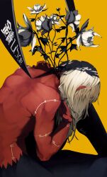 Rule 34 | 1boy, air (ai r ), alternate color, colored skin, covered face, flower, from side, highres, jujutsu kaisen, long hair, mahito (jujutsu kaisen), male focus, messy hair, red skin, solo, stitched arm, stitched torso, stitches, white flower, white hair, yellow background