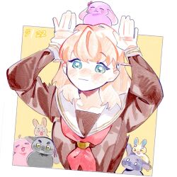 &gt;_&lt; 0_0 1girl :3 :d =_= ^_^ ahoge animalization anyoji_hime aqua_eyes arms_up black_rabbit_(animal) blush border breasts brown_dress brown_rabbit closed_eyes closed_mouth commentary dated dress flower green_eyes hair_flower hair_ornament hashtag-only_commentary hasu_no_sora_school_uniform highres hinoshita_kaho kachimachi_kosuzu link!_like!_love_live! long_sleeves looking_at_viewer lop_rabbit love_live! medium_breasts medium_hair momose_ginko murano_sayaka neckerchief nose_blush o_o open_mouth orange_hair osawa_rurino otomune_kozue outside_border pink_flower pipi_(m1x_mix) rabbit rabbit_hair_ornament rabbit_pose red_flower red_neckerchief sailor_collar sailor_dress school_uniform short_eyebrows simple_background smile tassel tassel_hair_ornament too_many too_many_rabbits two_side_up upper_body v-shaped_eyebrows virtual_youtuber white_border white_sailor_collar winter_uniform x3 xd yellow_background