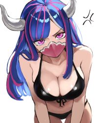 Rule 34 | anger vein, angry, bikini, black bikini, blue hair, breasts, cleavage, highres, horns, kasumi6, large breasts, looking at viewer, mask, multicolored hair, one piece, pink eyes, pink hair, pink mask, simple background, swimsuit, tagme, two-tone hair, ulti (one piece), white background