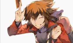 1boy backpack bag between_fingers black_shirt brown_eyes brown_hair card character_request chinese_commentary collared_jacket collared_shirt commentary_request fingernails grin hair_between_eyes happy high_collar holding holding_card jacket layered_sleeves long_sleeves male_focus one_eye_closed open_clothes open_jacket pink_bag red_jacket shirt short_hair simple_background smile solo standing upper_body white_background xing_20 yu-gi-oh! yu-gi-oh!_gx yuki_judai