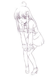 1girl dress female_focus full_body long_hair long_sleeves monochrome nyaou os-tan purple_theme simple_background solo standing thigh_strap white_background xp-tan