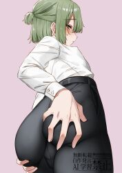 1boy absurdres belt blush brown_eyes bulge covered_erect_nipples from_below grabbing_own_ass green_hair highres medium_hair omiyacha original pants pink_background ponytail shirt tight_clothes tight_pants trap white_shirt