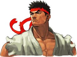 1boy black_hair brown_eyes capcom dougi forked_eyebrows headband highres ikeno_daigo male_focus muscular muscular_male official_art portrait red_headband ryu_(street_fighter) scowl short_hair solo street_fighter street_fighter_iii_(series) white_background