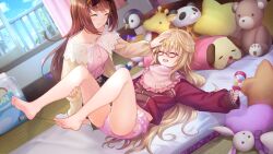 2girls :d ^_^ age_play barefoot bib blonde_hair bloomers blue_eyes blush breasts brown_hair cardigan closed_eyes clothes_lift collarbone day dutch_angle frilled_bib frills full_body game_cg glasses hand_on_another&#039;s_leg headpat holding holding_rattle jacket jacket_lift legs_up long_hair lying mugendo_saki multiple_girls no_shoes non-web_source official_art on_back open_cardigan open_clothes open_mouth open_window otori_ai pink_bloomers rattle red_jacket semi-rimless_eyewear sleeves_past_wrists small_breasts smile socks soles spoilers stuffed_animal stuffed_dog stuffed_giraffe stuffed_panda stuffed_penguin stuffed_rabbit stuffed_toy teddy_bear toes track_jacket under-rim_eyewear underwear very_long_hair white_socks window yellow_cardigan yumeutsutsu_re:master