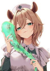 1girl animal_ears apron blush breasts brown_hair dress ferd_jk green_dress green_eyes hat highres indie_virtual_youtuber large_breasts looking_at_viewer medium_hair nimi_nightmare nurse_cap simple_background solo_focus upper_body virtual_youtuber white_background