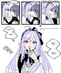 Rule 34 | 2girls, :o, ^ ^, after kiss, ahoge, aroused, arrow (symbol), belle (zenless zone zero), black nails, black sweater, blue hair, blush, bob cut, bow, bow hairband, braid, buttons, center frills, closed eyes, closed mouth, couple, drill hair, drill sidelocks, drooling, earrings, eye contact, face-to-face, fingernails, french kiss, frilled hairband, frills, furrowed brow, gloom (expression), green eyes, hair ornament, hairband, half up braid, hand on another&#039;s shoulder, hand on own chin, hand up, heart, heart background, highres, jewelry, kiss, korean text, letter hair ornament, lipstick, lolita hairband, long hair, long sidelocks, long sleeves, looking at another, looking at viewer, loving aura, makeup, mole, mole under eye, multicolored eyes, multicolored hair, multiple girls, nail polish, nose blush, open mouth, pointy ears, profile, purple bow, purple eyes, purple hair, purple hairband, red eyes, request inset, saliva, sequential, short hair, sidelocks, sierit, simple background, slit pupils, smeared lipstick, sound effects, speech bubble, spin-spin (site), stick figure, streaked hair, surprise kiss, surprised, sweatdrop, sweater, tears, translation request, tsurime, turtleneck, turtleneck sweater, two-tone eyes, vivian banshee, wavy mouth, white background, white streaks, wide-eyed, wide sleeves, yuri, zenless zone zero