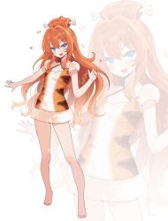 1girl absurdres barefoot blue_eyes bone_hair_ornament commission dress fang fang_guu full_body fur-trimmed_dress fur_trim hair_ornament highres indie_virtual_youtuber leaf_in_hair long_hair looking_at_viewer open_mouth orange_hair seoji smile solo vgen_commission virtual_youtuber