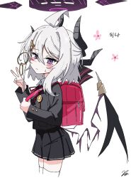 1girl ahoge backpack bag black_halo blue_archive breasts demon_girl demon_horns demon_wings halo highres hina_(blue_archive) horns kiroshi looking_at_viewer medium_hair purple_eyes randoseru school_uniform skirt small_breasts solo standing white_hair wings