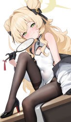 1girl absurdres altar black_gloves black_pantyhose blue_archive china_dress chinese_clothes clothing_cutout covered_navel dombear double_bun dress fluffy_hair gloves hair_bun half_gloves halo hand_fan highres holding holding_fan loli long_hair looking_at_viewer off_shoulder pantyhose professor_niyaniya_(blue_archive) side_ahoge sitting sleeveless sleeveless_dress smile smug solo white_background white_dress yellow_halo