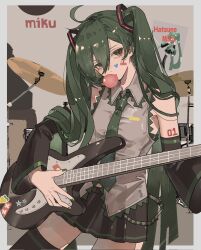 Rule 34 | bass guitar, black skirt, black sleeves, chewing gum, chouti ttt, detached sleeves, green eyes, green hair, green nails, grey shirt, hatsune miku, highres, instrument, long hair, necktie, number tattoo, shirt, skirt, tattoo, twintails, very long hair, vocaloid