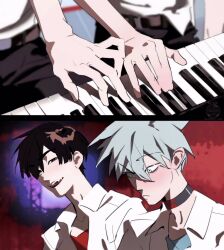 2boys alien_stage black_eyes black_hair collared_shirt commentary english_commentary fang green_eyes grey_hair highres instrument ivan_(alien_stage) male_focus multiple_boys music neon_genesis_evangelion open_mouth piano playing_instrument playing_piano red_pupils red_shirt scene_reference shirt short_hair till_(alien_stage) uchiha_i_arts very_short_hair white_shirt
