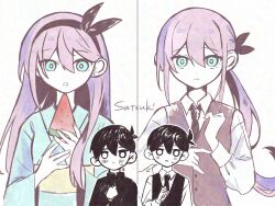 1boy 1girl alternate_costume alternate_eye_color alternate_hairstyle antenna_hair artist_name aubrey_(faraway)_(omori) aubrey_(omori) black_hair black_hairband black_necktie black_ribbon blue_eyes blue_kimono bright_pupils closed_mouth collared_shirt ear_piercing food fruit hair_ribbon hairband highres holding holding_food japanese_clothes kimono long_hair long_sleeves looking_at_viewer low_ponytail necktie omori open_mouth parted_lips piercing pink_hair ponytail ribbon satsuki_1243 school_uniform shirt short_hair sunny_(omori) watermelon watermelon_slice white_eyes white_pupils white_shirt