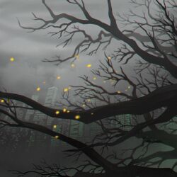 bare_tree cityscape cloud cloudy_sky falling_petals flaw_eight flower grey_sky highres limbus_company no_humans petals project_moon scenery sky smog smoke spot_color tree window yellow_flower