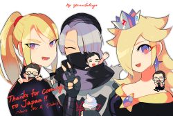 alternate_color blonde_hair braid chibi crown dark_skin dress earrings english_text closed_eyes hair_ornament hair_over_one_eye jewelry long_hair mario_(series) metroid nintendo pointy_ears ponytail rosalina samus_aran sheik smile star_(symbol) star_earrings super_mario_galaxy super_smash_bros. the_legend_of_zelda the_legend_of_zelda:_ocarina_of_time the_legend_of_zelda:_twilight_princess yasaikakiage zero_suit