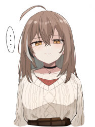 ... 1girl ahoge aran_sweater black_choker brown_eyes brown_hair brown_skirt cable_knit choker crossed_bangs double-parted_bangs glaring hair_between_eyes highres hololive hololive_english jewelry multicolored_hair nanashi_mumei nanashi_mumei_(casual) necklace plaid_clothes plaid_skirt red_shirt shaded_face shirt shuuzo3 skirt speech_bubble spoken_ellipsis streaked_hair sweater sweater_tucked_in upper_body virtual_youtuber white_sweater
