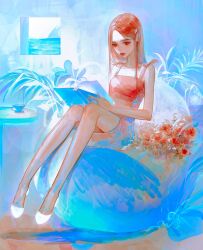 1girl book closed_mouth death_mogi dress full_body hair_behind_ear highres holding holding_book indoors long_hair orange_hair original reading shoes sitting solo white_shoes