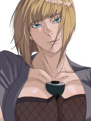 Rule 34 | 1girl, between breasts, blonde hair, blue eyes, breasts, cleavage, collarbone, fishnets, highres, large breasts, looking at viewer, mattsun (lyohei), naruto (series), naruto shippuuden, portrait, samui (naruto), short hair, simple background, solo, white background