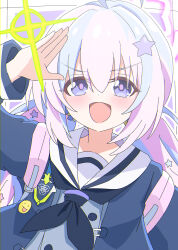 1girl ahoge bag black_jacket black_neckerchief blue_archive dot_nose grey_shirt hair_ornament halo hand_to_head highres jacket looking_at_viewer neckerchief open_clothes open_jacket open_mouth pink_hair pink_halo pink_pupils purple_eyes purple_hair reisa_(blue_archive) sailor_collar school_bag shimotsukiya shirt solo sparkle star_(symbol) star_hair_ornament upper_body white_sailor_collar