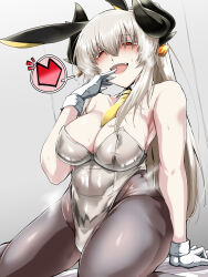1girl animal_ears bare_shoulders blonde_hair blush breasts cleavage detached_collar earrings fate/grand_order fate_(series) gloves heart highres horns jewelry kiyohime_(fate) large_breasts leotard long_hair looking_at_viewer necktie pantyhose playboy_bunny rabbit_ears red_eyes sitting smile spoken_heart sweat tgxx3300 wariza