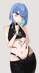 1girl absurdres alternate_costume bare_arms black_pants blue_eyes blue_hair bracelet breasts cowboy_shot cropped_shirt goth_fashion halter_shirt halterneck hand_up highleg highleg_panties highres hololive hoshimachi_suisei index_finger_raised jewelry ku_roiko looking_at_viewer midriff multiple_rings navel open_mouth panties pants panty_straps print_shirt ring shirt short_hair simple_background skull_and_crossbones sleeveless sleeveless_shirt small_breasts snake_tattoo solo star_(symbol) star_in_eye swept_bangs symbol_in_eye tattoo underwear virtual_youtuber