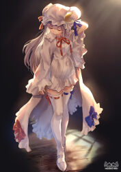 1girl absurdres alternate_color arm_behind_head artist_logo artist_name blue_ribbon breasts closed_eyes commentary_request crescent crescent_hat_ornament dark dress facing_down full_body hat hat_ornament hat_ribbon hayaten highres logo long_hair long_sleeves mary_janes medium_breasts mob_cap neck_ribbon open_clothes open_robe patchouli_knowledge purple_hair red_ribbon ribbon ribbon-trimmed_thighhighs ribbon_trim robe shoes short_dress sidelighting solo standing thighhighs touhou white_dress white_hat white_robe white_shoes white_thighhighs wide_sleeves wooden_floor