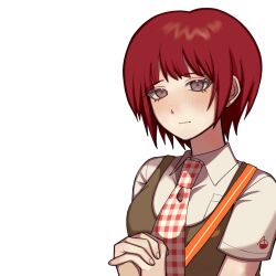 1girl blush brown_dress brown_eyes close-up closed_mouth collared_shirt commentary danganronpa_(series) danganronpa_2:_goodbye_despair dress expressionless eyelashes freckles gingham_necktie highres koizumi_mahiru kun_(oxx_kn_xxo) light_blush looking_at_viewer necktie nose_blush own_hands_clasped own_hands_together pinafore_dress portrait red_hair red_necktie shirt short_hair short_sleeves simple_background sleeveless sleeveless_dress solo strap upper_body white_background white_necktie white_shirt