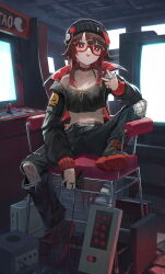 1girl :p absurdres alternate_costume alternate_hairstyle arcade arcade_cabinet arcade_stick badge bare_shoulders beanie belt belt_chain black_camisole black_hat black_jacket black_nails black_pants blush brown_belt brown_hair button_badge camisole choker collarbone colored_tips controller crop_top ebiri_fy fishnets flower-shaped_pupils full_body game_console game_controller gamecube gamecube_controller genshin_impact hair_between_eyes hair_ornament hairpin hat highres holding holding_controller holding_game_controller hu_tao_(genshin_impact) indoors jacket jewelry joystick keep_case leg_up long_hair midriff multicolored_hair multicolored_shoes multiple_hairpins multiple_rings navel on_chair pants parted_bangs playstation_2 playstation_4 playstation_controller red-framed_eyewear red_choker red_eyes ribbed_legwear ring screen_light semi-rimless_eyewear shoes sidelocks single_off_shoulder sitting solo spread_legs stomach symbol-shaped_pupils three-finger_salute tongue tongue_out torn_clothes torn_pants two-sided_fabric two-sided_jacket two-tone_shoes xbox_360