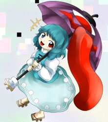 1girl :d absurdres ayashii_(feba) blue_eyes blue_hair blue_skirt brown_footwear commentary_request full_body geta grey_background heterochromia highres holding holding_umbrella karakasa_obake looking_at_viewer open_mouth purple_umbrella short_hair skirt smile solo tatara_kogasa teeth tongue touhou umbrella upper_teeth_only zun_(style)