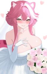 1girl 4kebidayo alternate_costume animal_ear_fluff animal_ears bead_necklace beads blurry blush bouquet breasts bridal_veil cleavage collarbone commentary_request depth_of_field double-parted_bangs double_bun dress elbow_gloves flower from_above gloves hair_bun hair_intakes hand_on_own_chest heart highres holding holding_bouquet hololive hololive_english jewelry large_breasts light_smile lips long_hair long_sidelocks looking_at_viewer looking_up multicolored_hair necklace panther_ears panther_girl panther_tail pink_hair raora_panthera sidelocks solo strapless strapless_dress streaked_hair tail veil very_low_bun virtual_youtuber wedding_dress white_dress white_gloves white_hair white_veil yellow_eyes