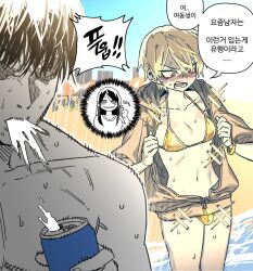 1girl 2boys androgynous bikini bishounen black_hair blonde_hair blush bulge can crossdressing drink_can embarrassed eyeliner female_pervert gold_bikini high_school_boy highres hong_iltak hong_iyeon inset jacket lee_hyunwoo long_hair makeup male_focus male_with_breasts multiple_boys open_clothes open_jacket open_mouth parkgee partially_colored pervert puffy_chest red_eyeliner red_eyes sanpaku short_hair soda_can sparkle spitting surprised sweat swimsuit thumbs_up trap