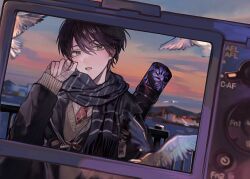 Rule 34 | 1boy, absurdres, bandaged hand, bandages, bird, black hair, brown sweater, camera, commentary request, green hair, highres, kenmochi touya, male focus, necktie, nijisanji, omamori, outdoors, parted lips, pinstripe scarf, red necktie, screen, short hair, solo, sweater, taking picture, tsuta1218, virtual youtuber, weapon bag, white bird